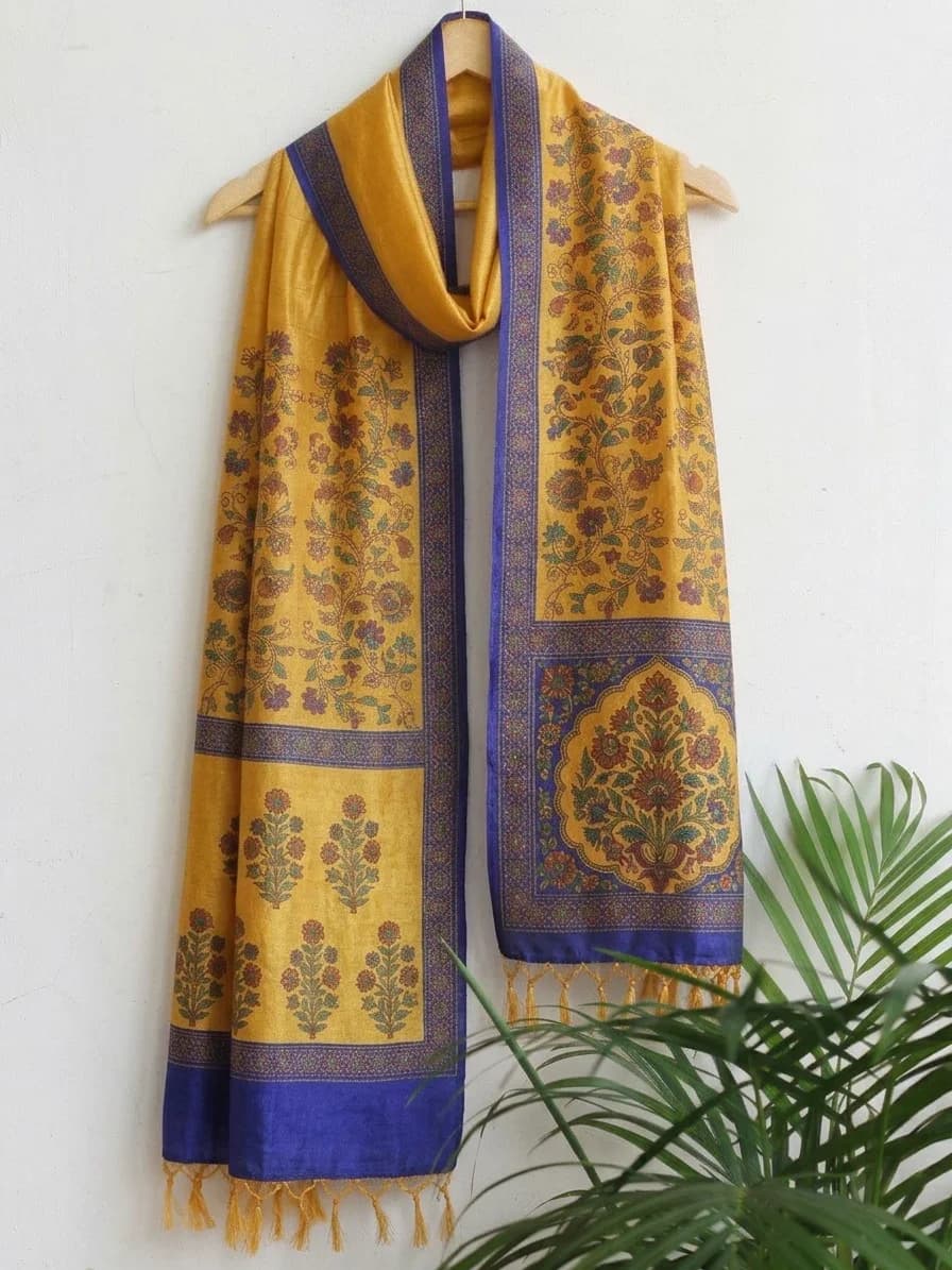 Printed Dupatta | Yellow & Blue Mughal Floral Print with Tassels