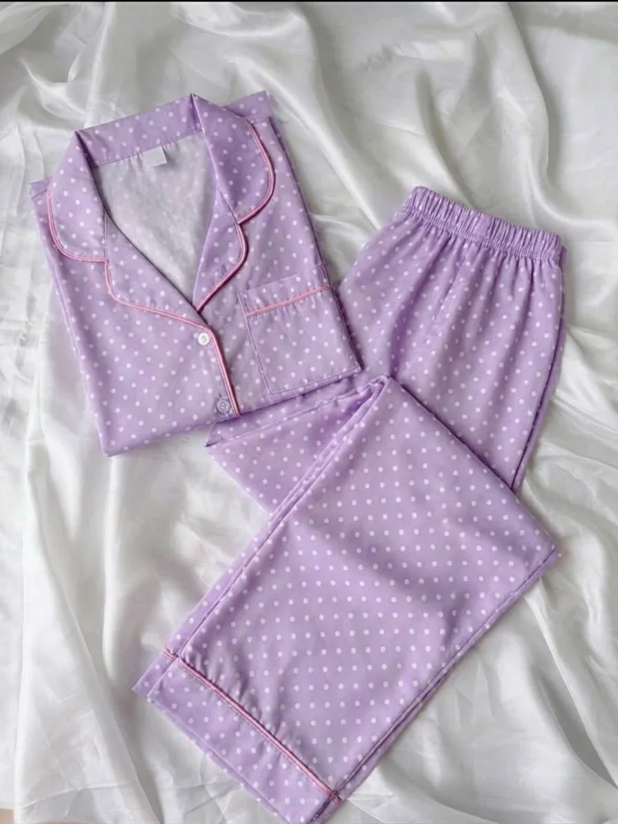 Night Suit for Women | Lilac Polka Dot Shirt & Pajama Set