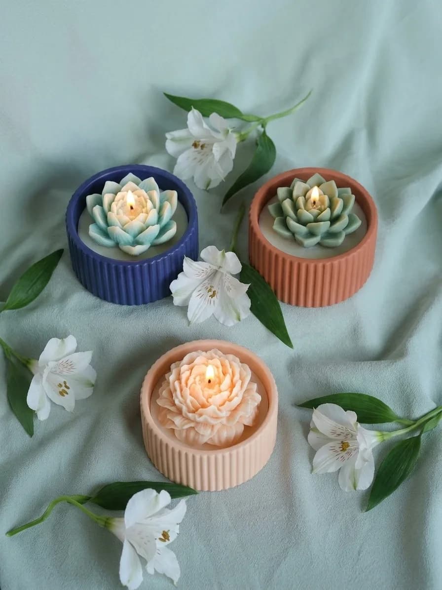 Flower Candle Set of 3 | Lotus, Succulent & Peony in Ribbed Jars