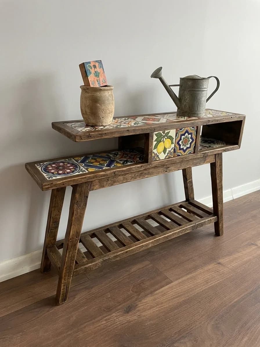 Wooden Console Table | Rustic Tile Top Shelf, Pre-loved