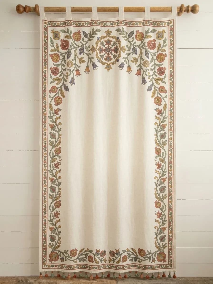 Printed Curtains | Pomegranate Vine Border with Wooden Rod